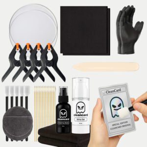 Complete Pokémon card restoration kit with cleaning spray, shine gel and professional tools for trading card care and display